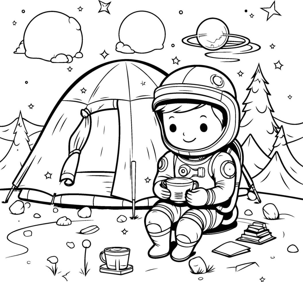 coloração livro para crianças astronauta com uma copo do chá dentro a acampamento vetor