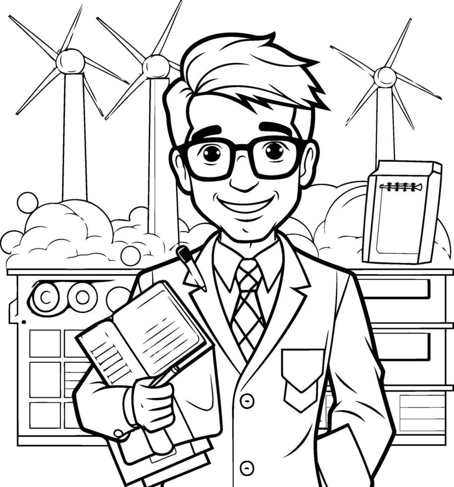 Preto e branco ilustração do uma homem segurando uma livro e uma vento turbina vetor