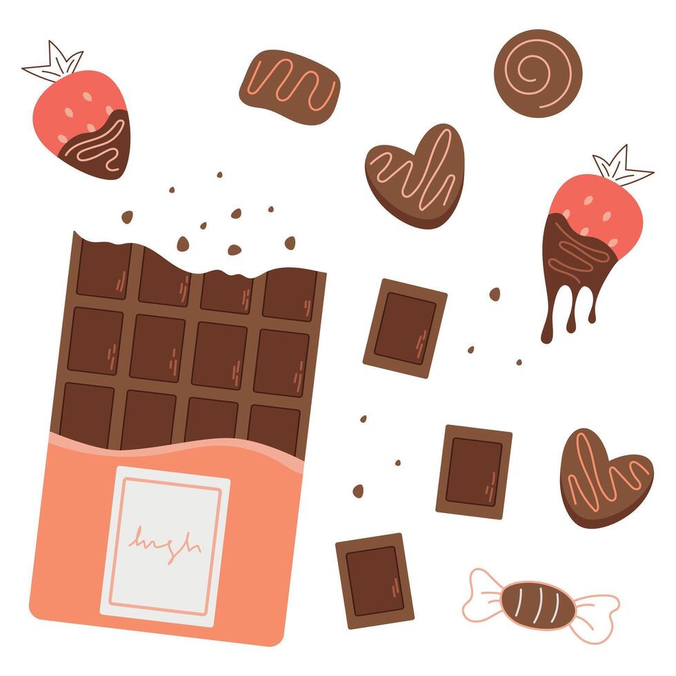 conjunto do chocolates, chocolate bar, coração em forma chocolate, chocolate coberto morangos, chocolate clipart vetor