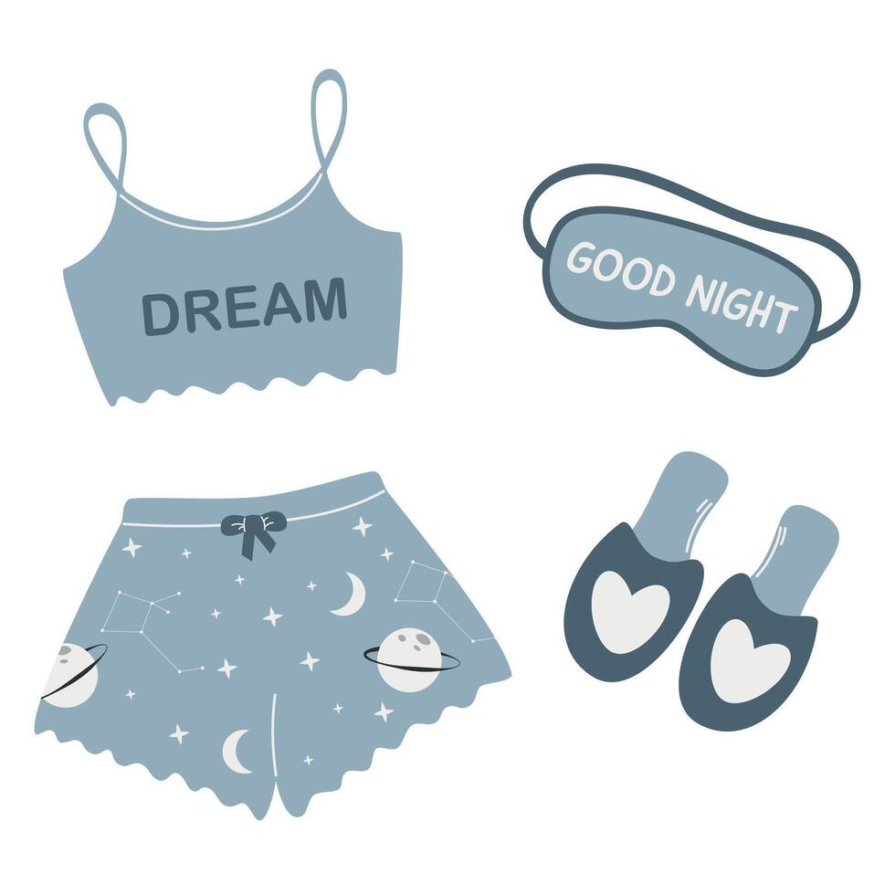 roupa de dormir pijamas, dormir mascarar e chinelos, pijamas com planetas, pijama festa conceito vetor