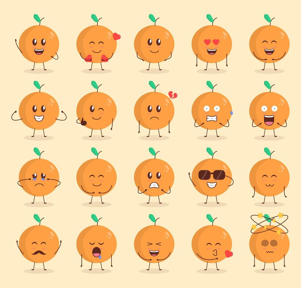 Desenhos animados coloridos e fofos de laranja com várias expressões vetor