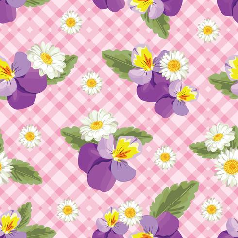 Padrão sem emenda floral. Pansies com chamomiles no guingão cor-de-rosa, fundo checkered. Ilustração vetorial vetor