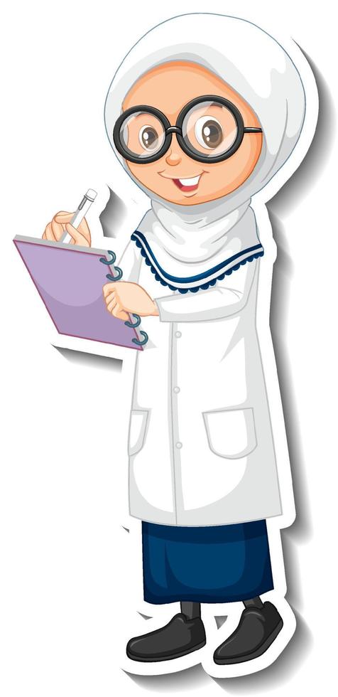 Adesivo de personagem de desenho animado de garota muçulmana cientista vetor