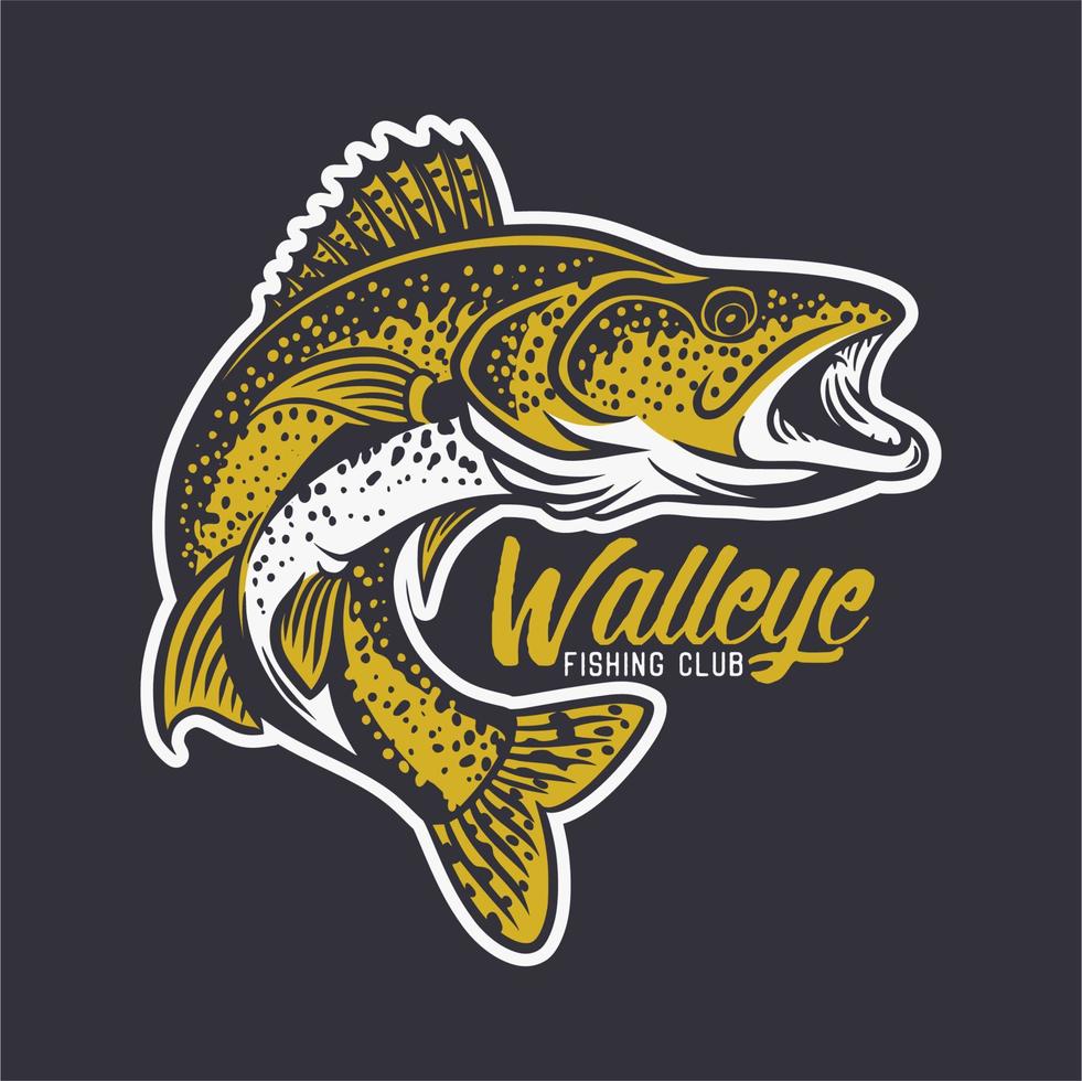 Ilustração do logotipo do clube de pesca walleye em fundo preto vetor