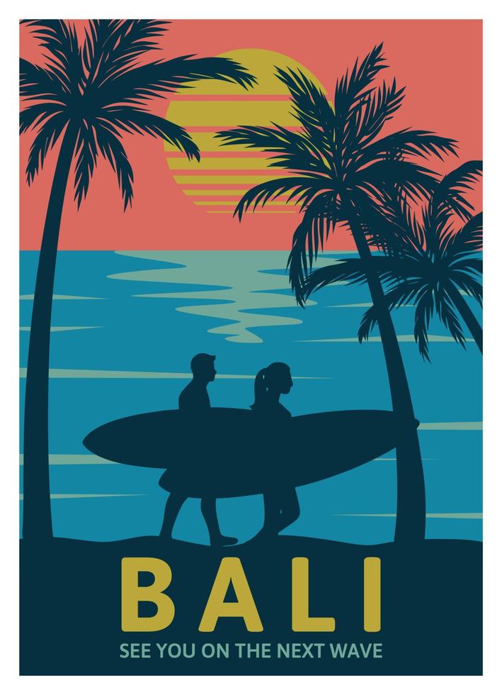 bali nos vemos na próxima onda modelo de pôster retro vintage vetor