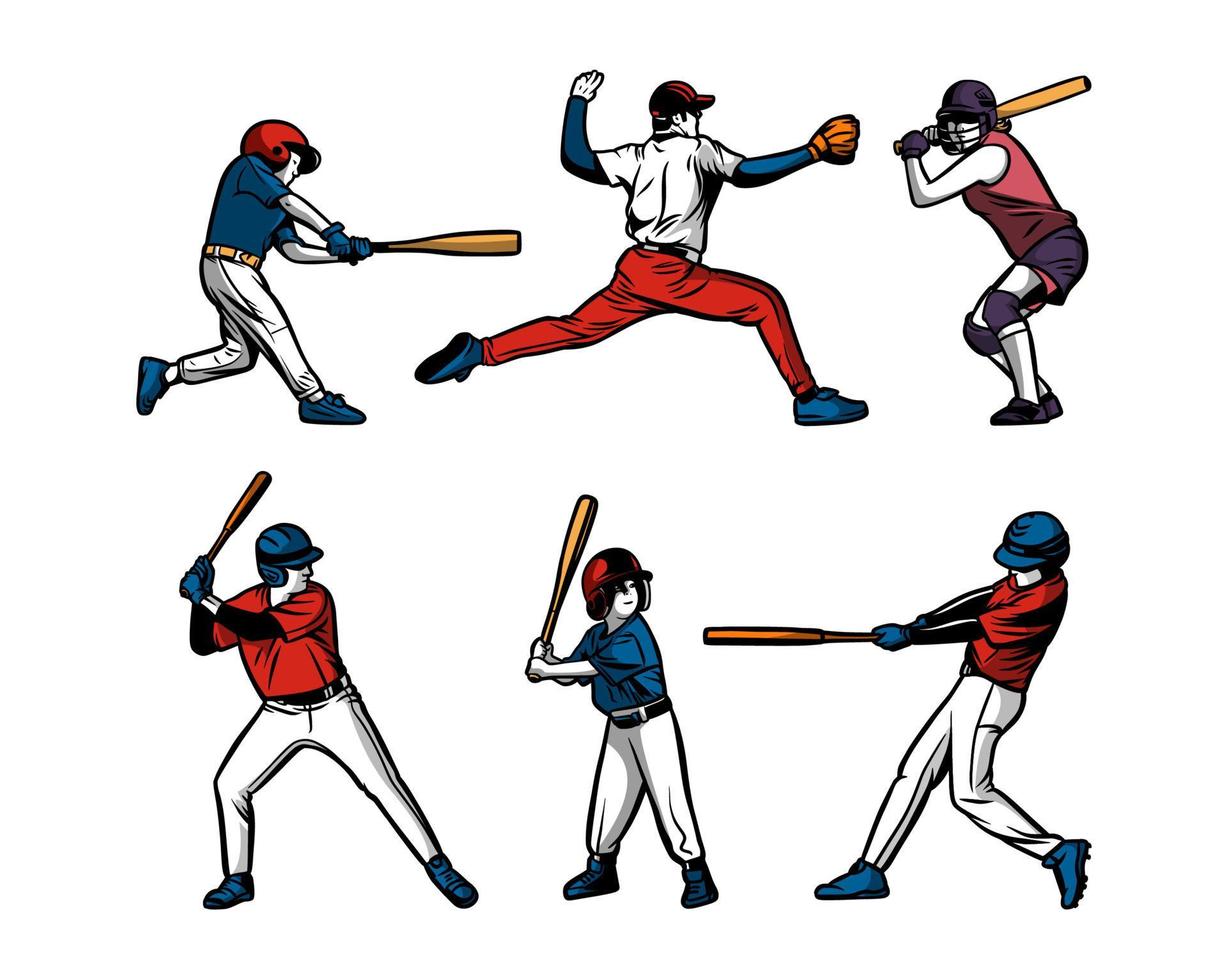 ilustração do pacote de coleção do conjunto de cores do jogador de beisebol vetor
