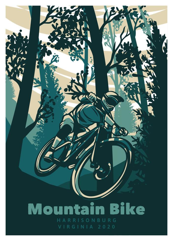 mountain bike ciclismo na floresta ilustração do poster retro vintage vetor