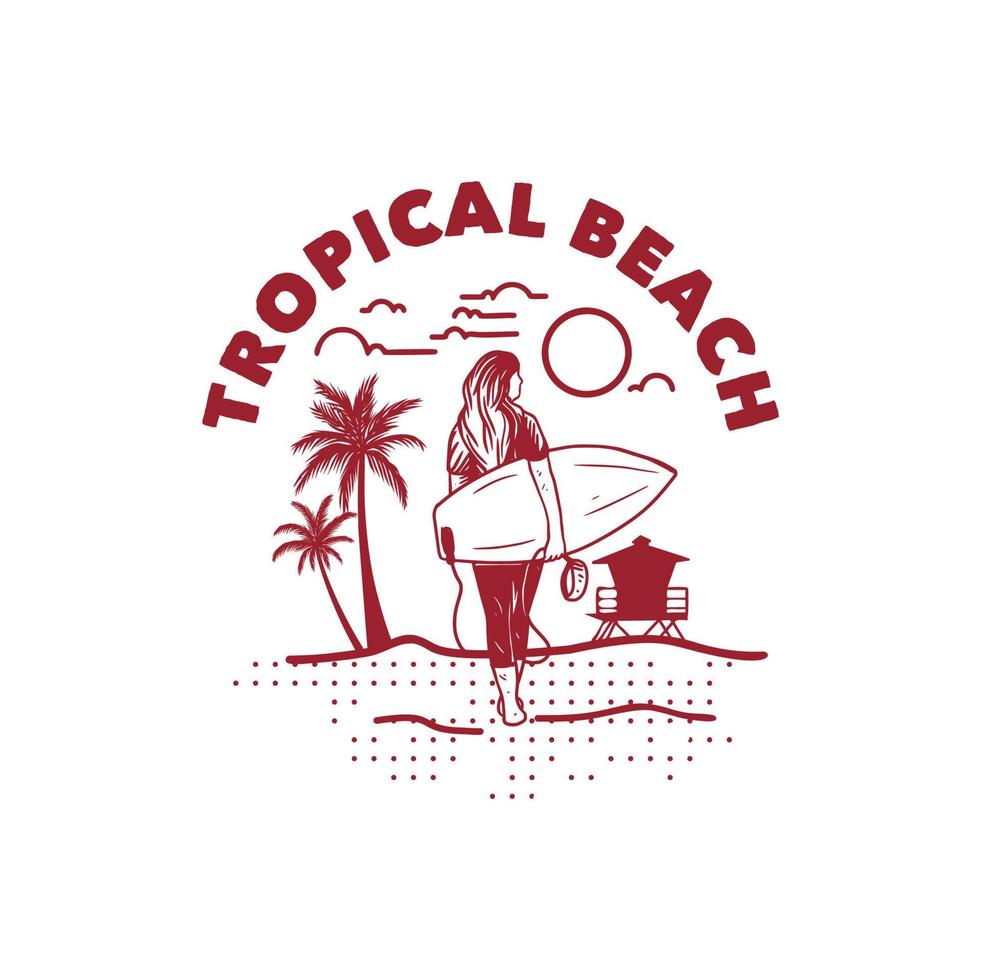 praia tropical ilustração t camiseta design mulher surfista pôster vintage retro vetor