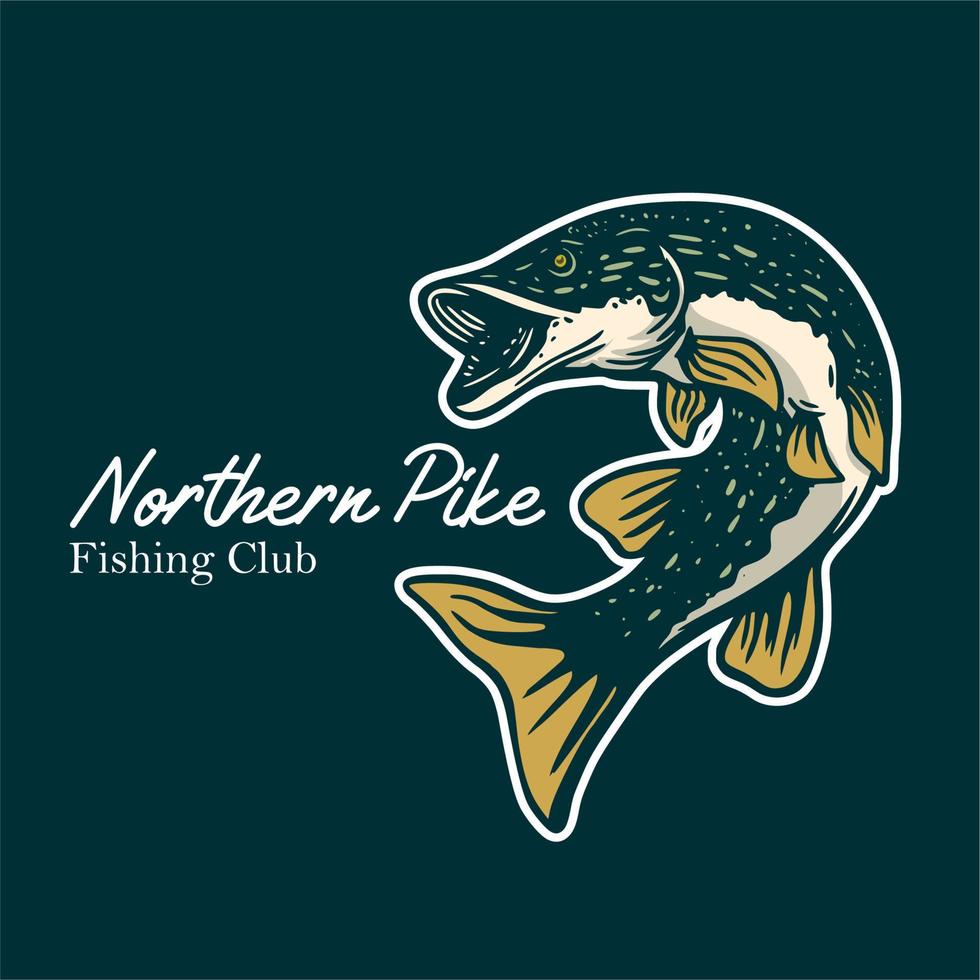 clube de pesca de lúcio do norte, ilustração de lúcio em fundo verde escuro vetor