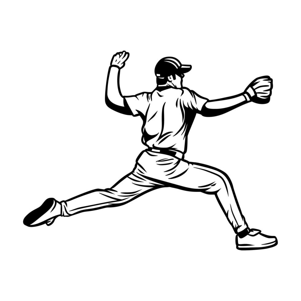 jogador de beisebol jogando uma bola preto e branco ilustração vetor