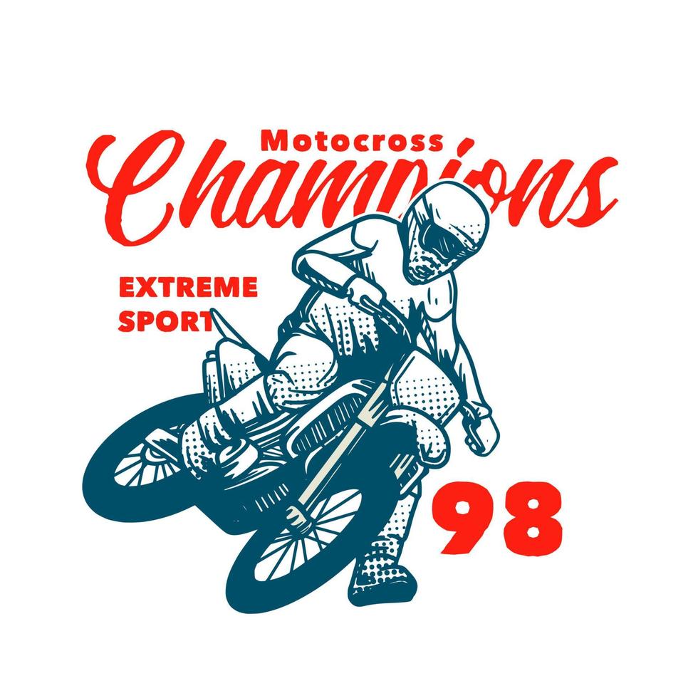 campeões de motocross esporte radical camiseta design ilustração vetorial vintage retro vetor