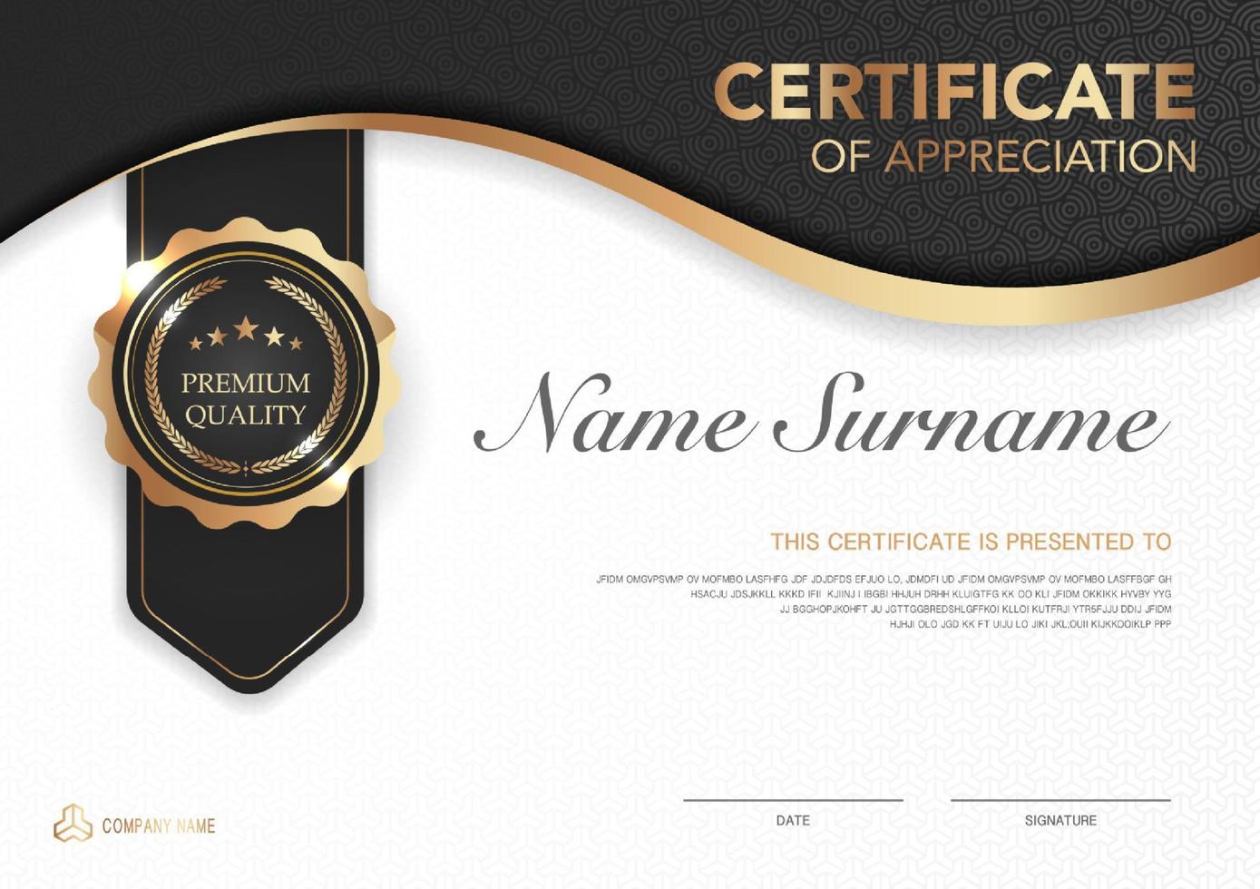modelo de certificado preto e ouro imagem de estilo de luxo. diploma de desenho geométrico moderno. vetor de eps10.