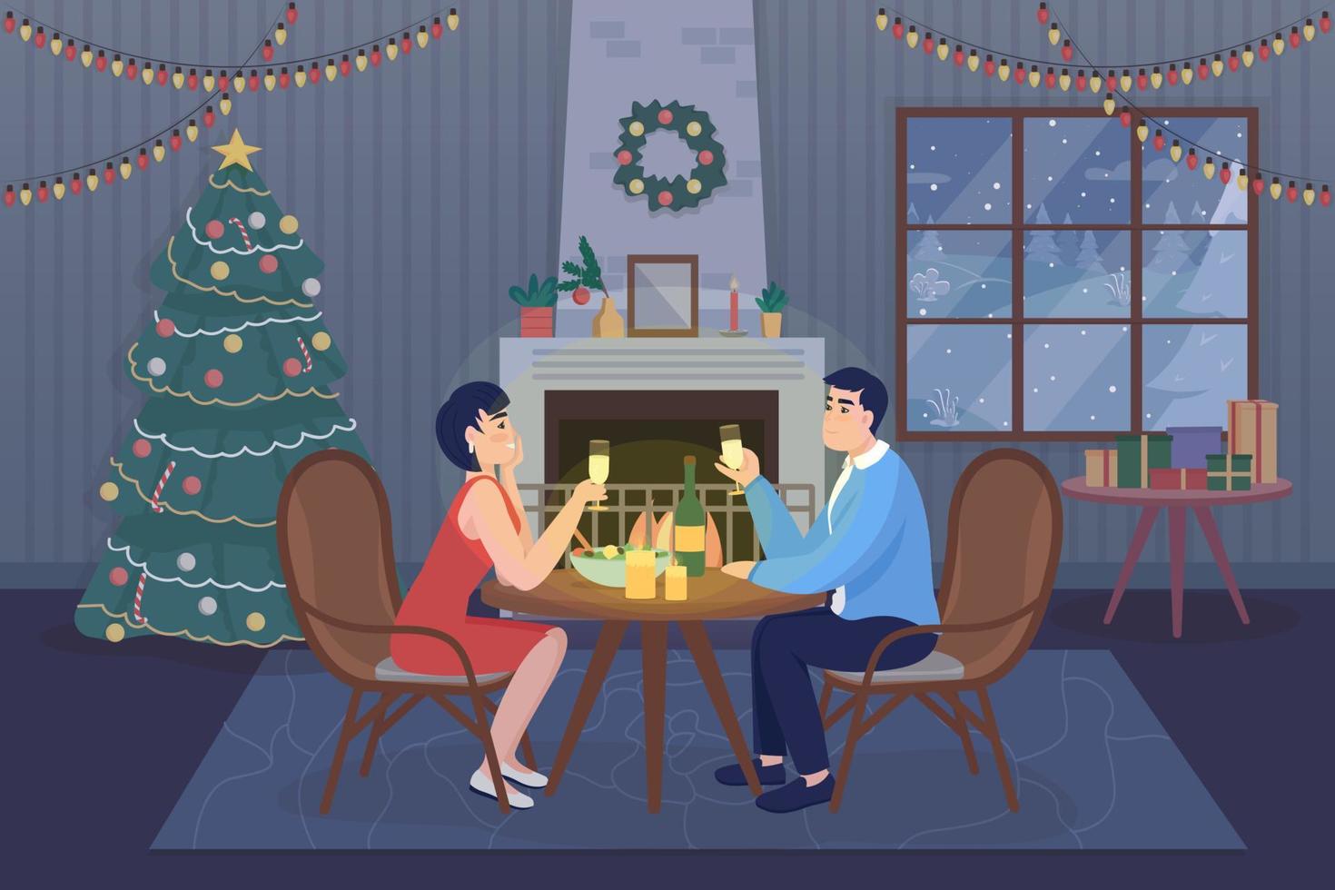 jantar de Natal para ilustração em vetor casal cor lisa. comemorando o ano novo em casa. parceiros casados sentados à mesa com jantar e vinho personagens de desenhos animados 2d com o interior no fundo