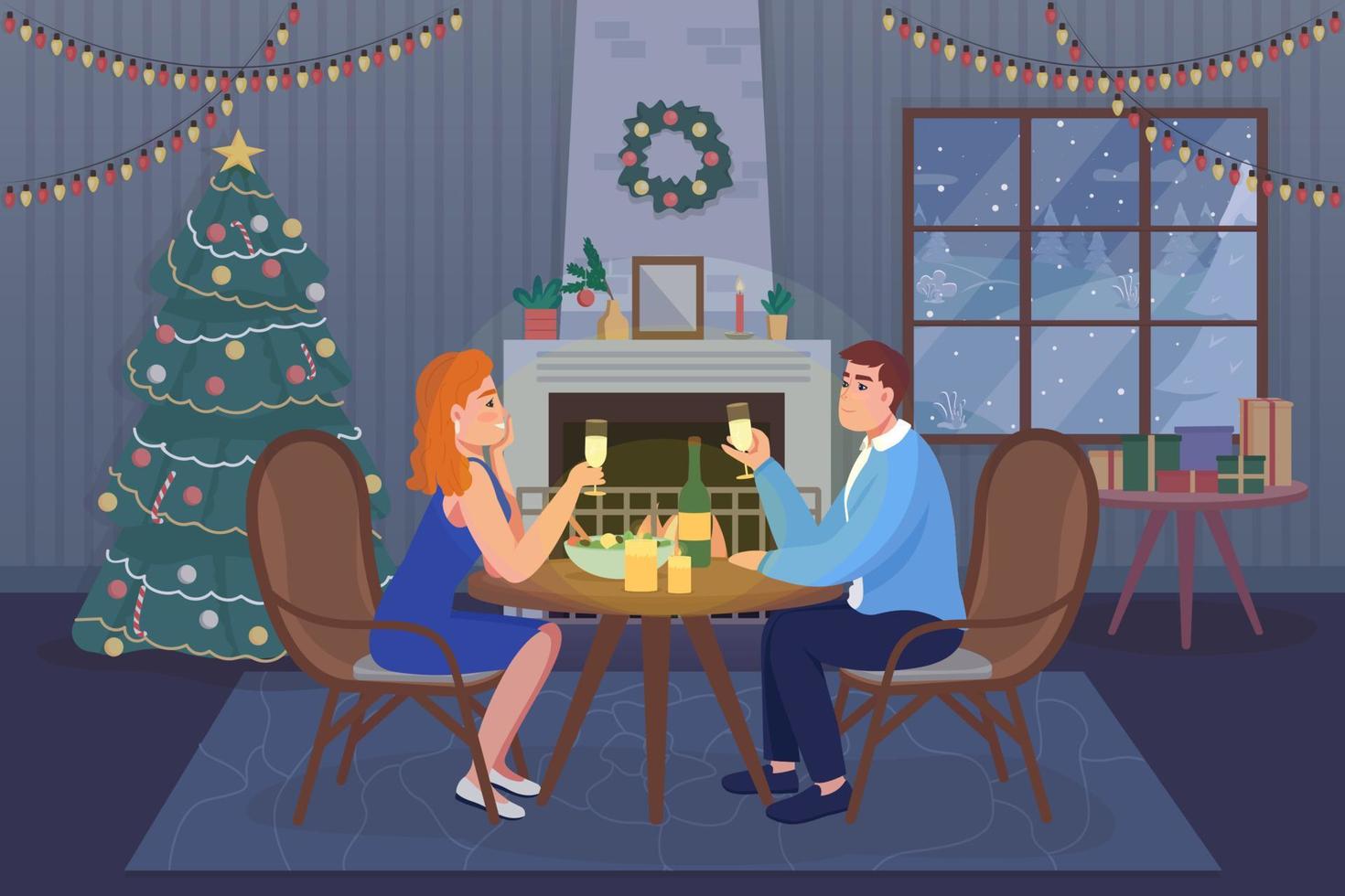 ilustração em vetor cor plana jantar festivo romântico. namorado e namorada comemoram o feriado. casal apaixonado sentado à mesa perto da lareira personagens de desenhos animados 2d com o interior no fundo