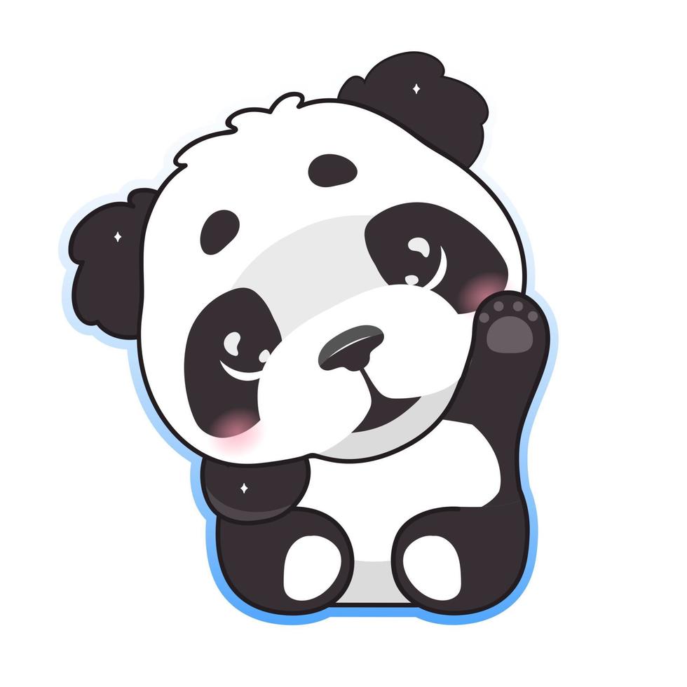panda bonito acenando a mão personagem de desenho animado kawaii. animal adorável, feliz e engraçado com oi saudação gesto isolado adesivo, patch. Emoji de urso panda anime em fundo branco vetor