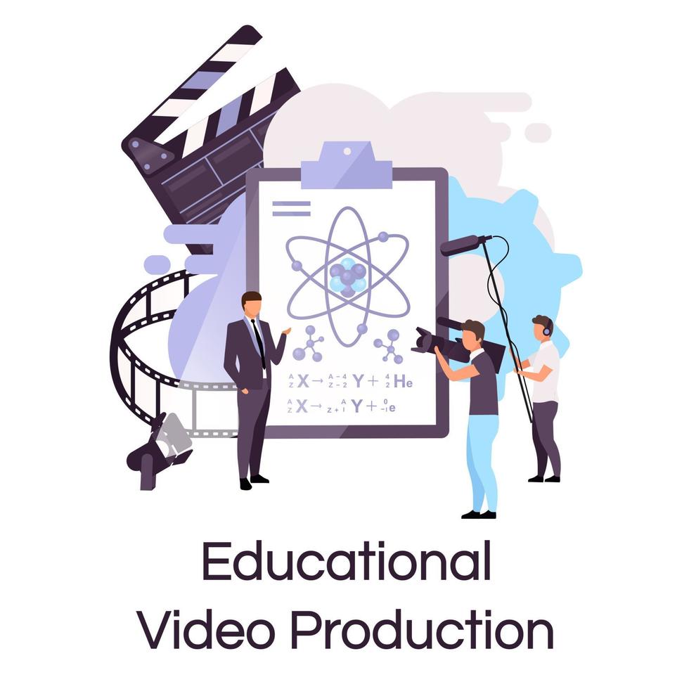 ícone de conceito plano de produção de vídeo educacional. tutorial, adesivo de tiro de aula de ciências, clipart. elearning, streaming de vídeo e blogging. ilustração isolada dos desenhos animados no fundo branco vetor