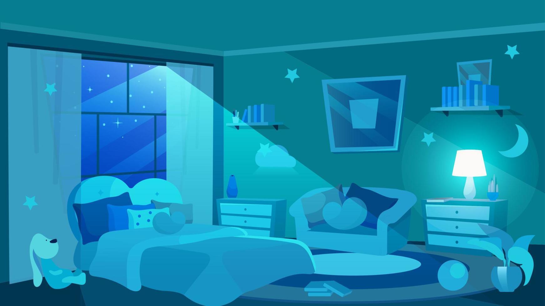 ilustração vetorial plana de mobiliário de quarto de crianças. lua derramando uma luz suave pela janela. interior do apartamento de meninas. cama bonita e sofá com almofadas. estrelas decorativas e nuvens na parede vetor