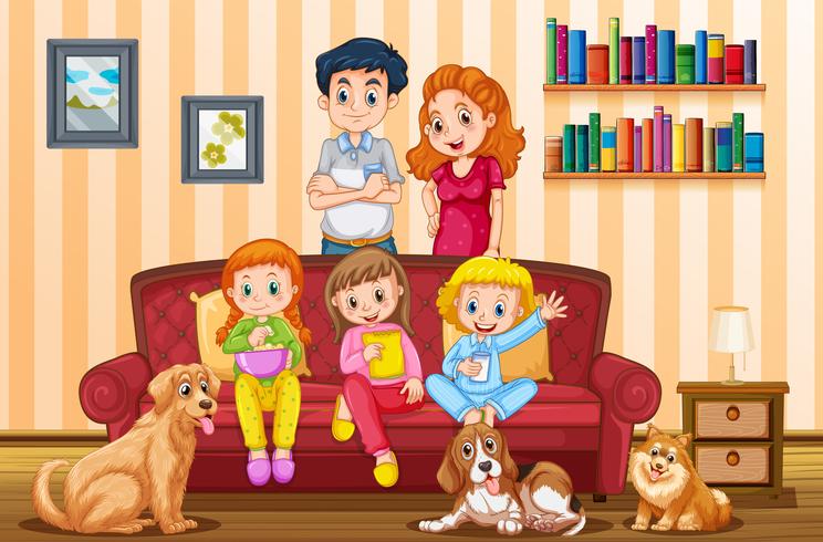 Família, com, três meninas, e, cachorros, em, livingroom vetor