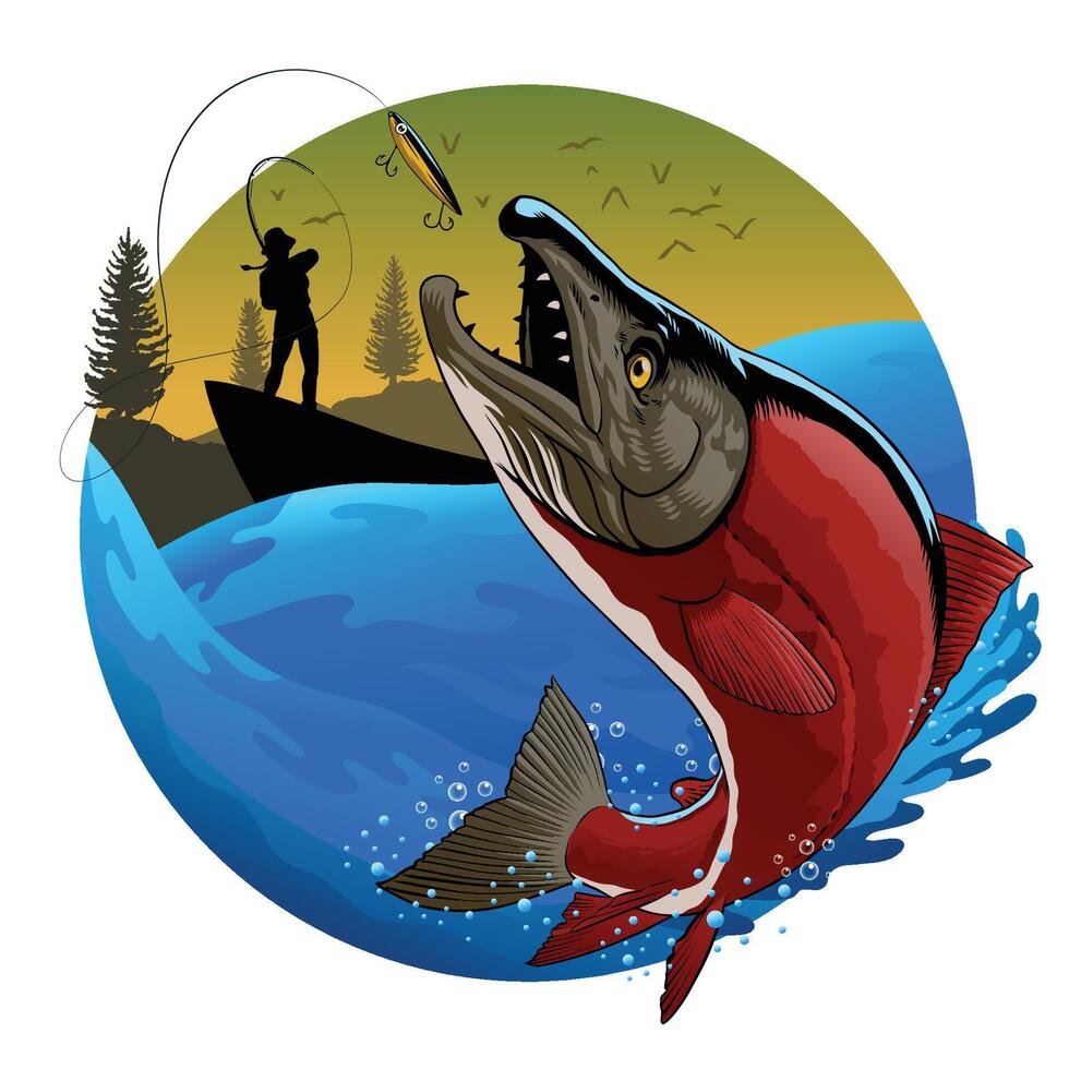 pescador pegando sockeye salmão colori ilustração vetor