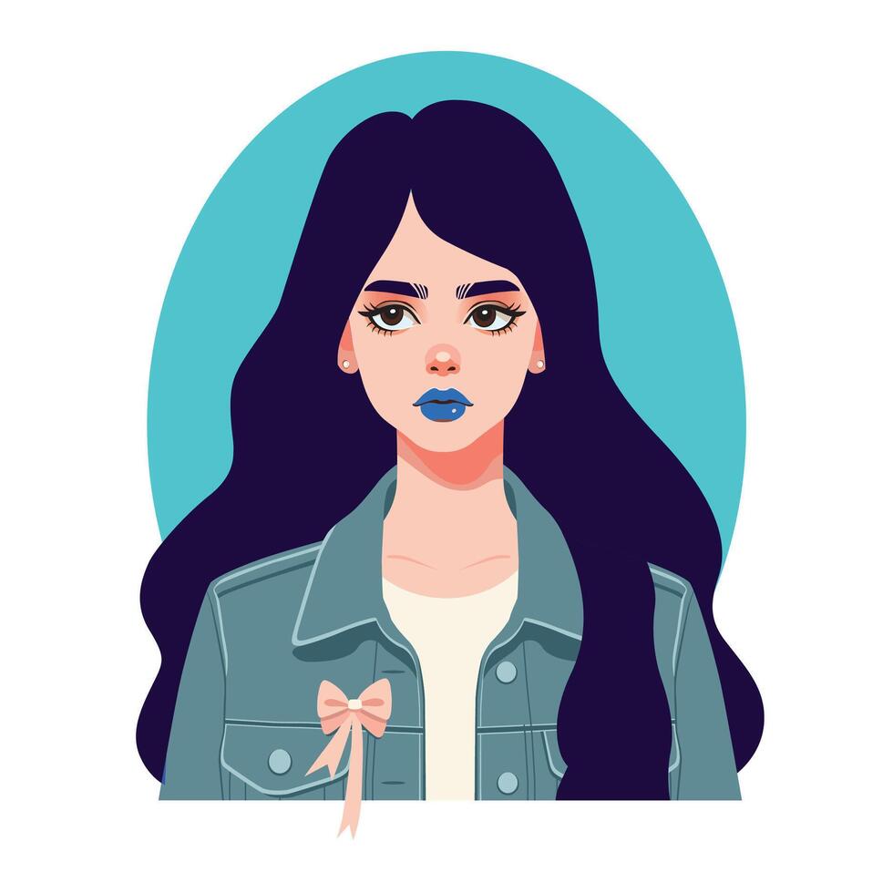 retrato do uma sonhadores menina com azul cabelo e brilhante Maquiagem dentro uma jeans jaqueta. plano ilustração vetor