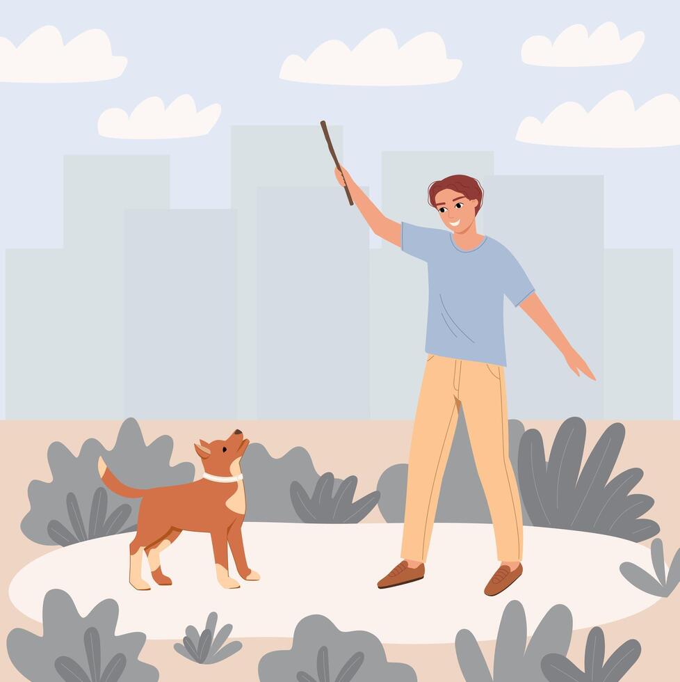 uma jovem homem tocam com uma cachorro dentro natureza perto a edifícios do a cidade. a cara detém uma bastão dentro dele mão e sorri. ilustração do amizade com uma animal. vetor