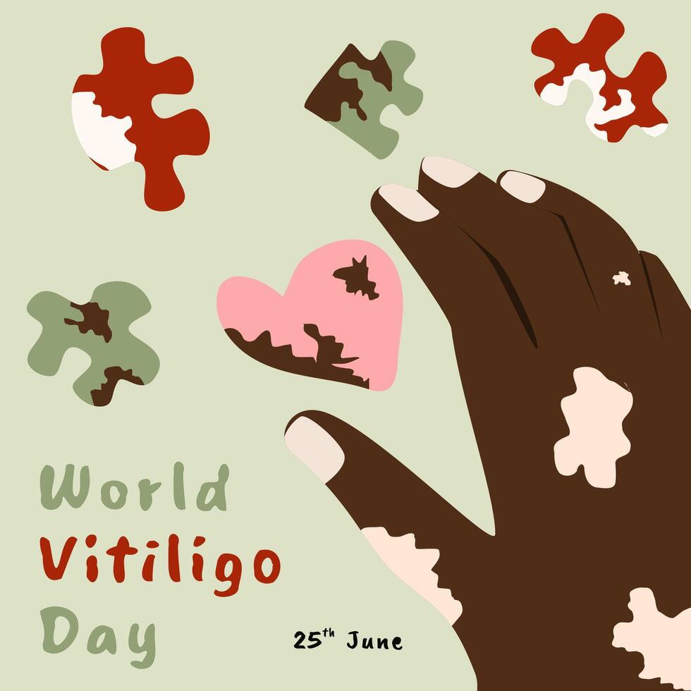 ilustração do mundo vitiligo dia cumprimento com Sombrio pele mão e enigma peças vetor