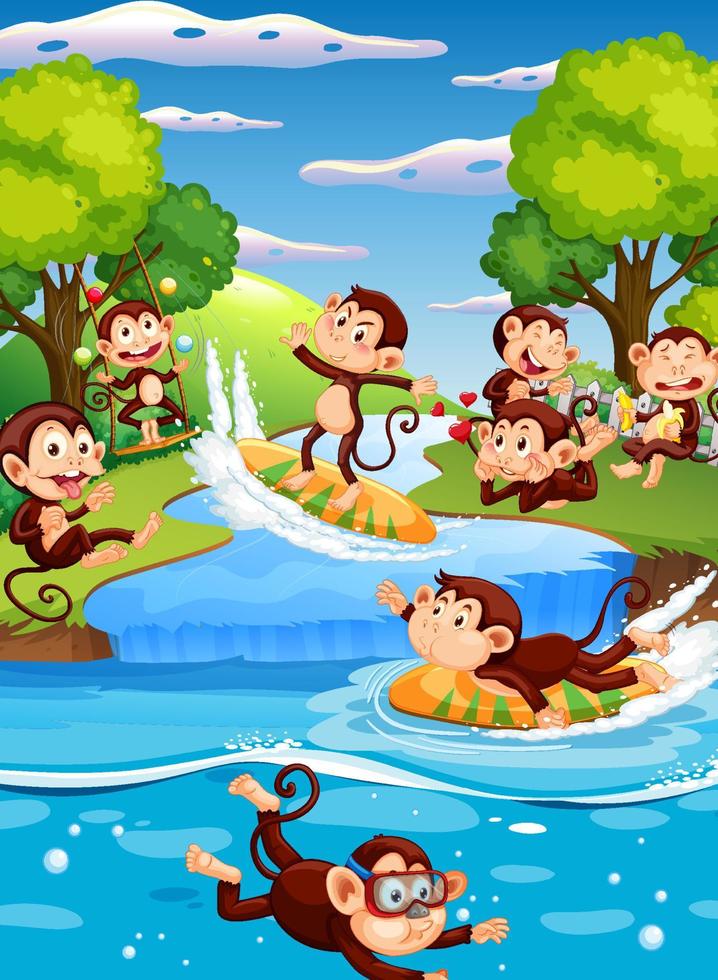cena do rio na floresta com personagens de desenhos animados de macacos vetor