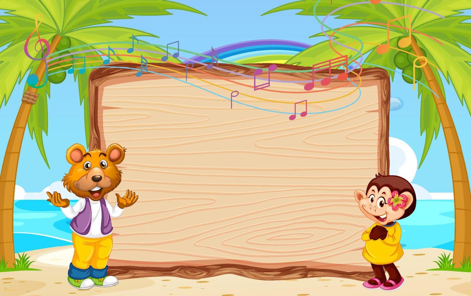 placa de madeira vazia com urso e macaco na praia vetor