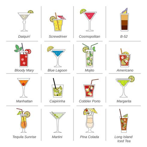Álcool Cocktails ícones linha plana vetor