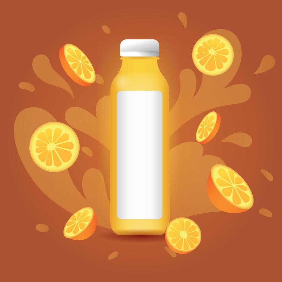 publicidade ilustração modelo para laranja suco garrafa com em branco frente rótulo, fundo decorado com laranjas e líquido dentro respingo vetor