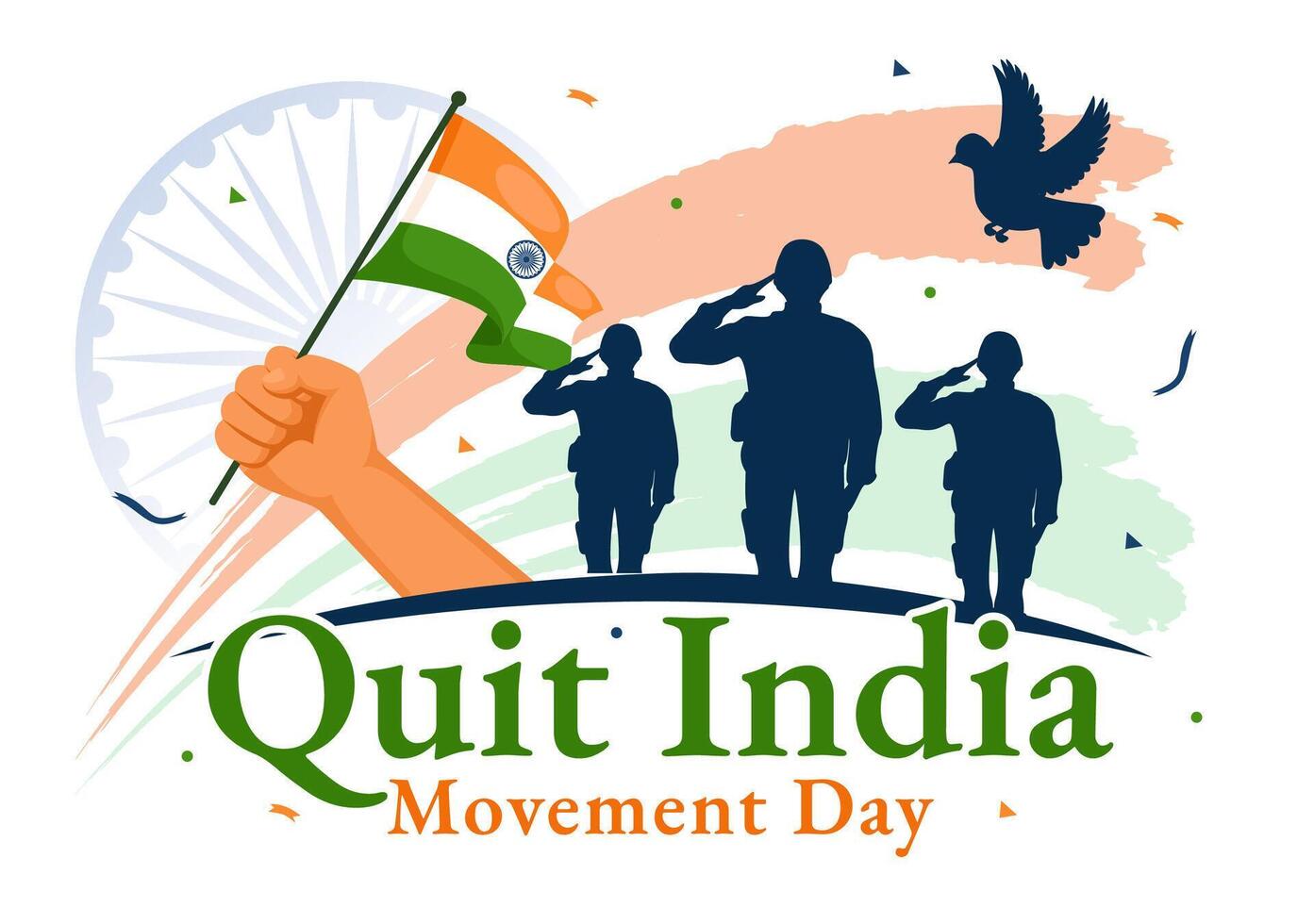 Sair Índia movimento dia ilustração em 8 agosto com indiano bandeira e pessoas silhueta dentro plano desenho animado fundo Projeto vetor