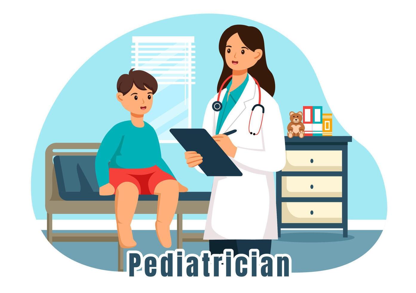 pediatra ilustração com examina doente crianças para médico desenvolvimento, vacinação e tratamento dentro plano desenho animado fundo Projeto vetor