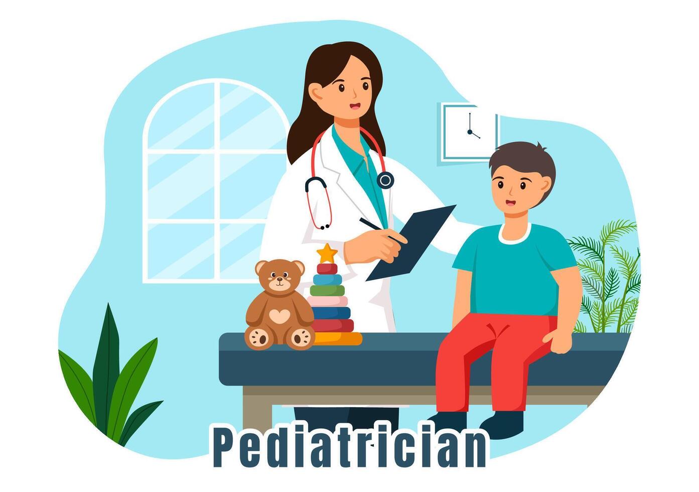 pediatra ilustração com examina doente crianças para médico desenvolvimento, vacinação e tratamento dentro plano desenho animado fundo Projeto vetor