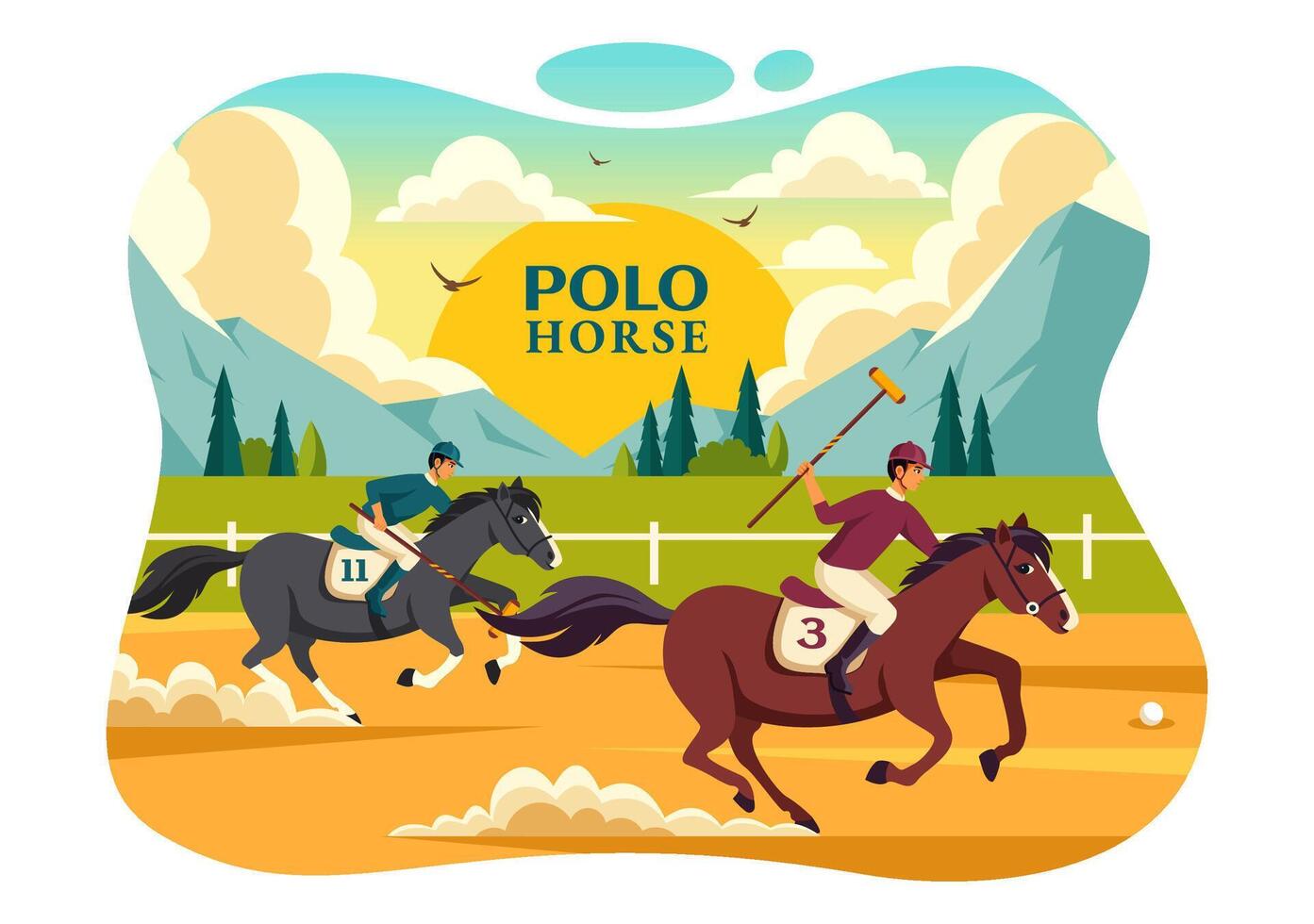pólo cavalo Esportes ilustração com jogador equitação cavalo e segurando bastão usar equipamento conjunto para concorrência dentro plano desenho animado fundo vetor
