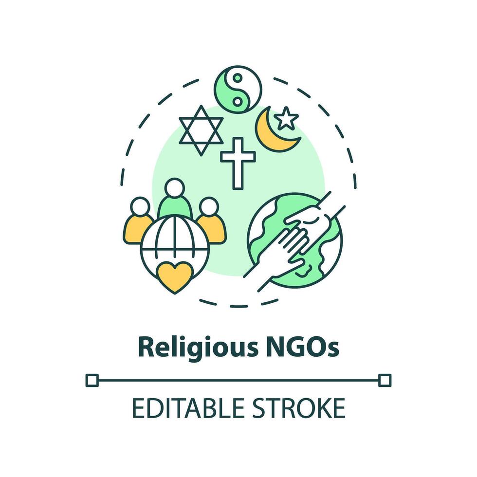 religioso ONGs multi cor conceito ícone. não governamental organização. fé Sediada aliança. humanitário ajuda. volta forma linha ilustração. abstrato ideia. gráfico Projeto. fácil para usar dentro artigo vetor