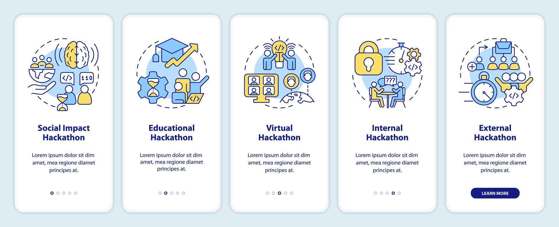 hackathons tipos onboarding Móvel aplicativo tela. tecnologia eventos passo a passo 5 passos editável gráfico instruções com linear conceitos. interface do usuário, ux, gui modelo vetor