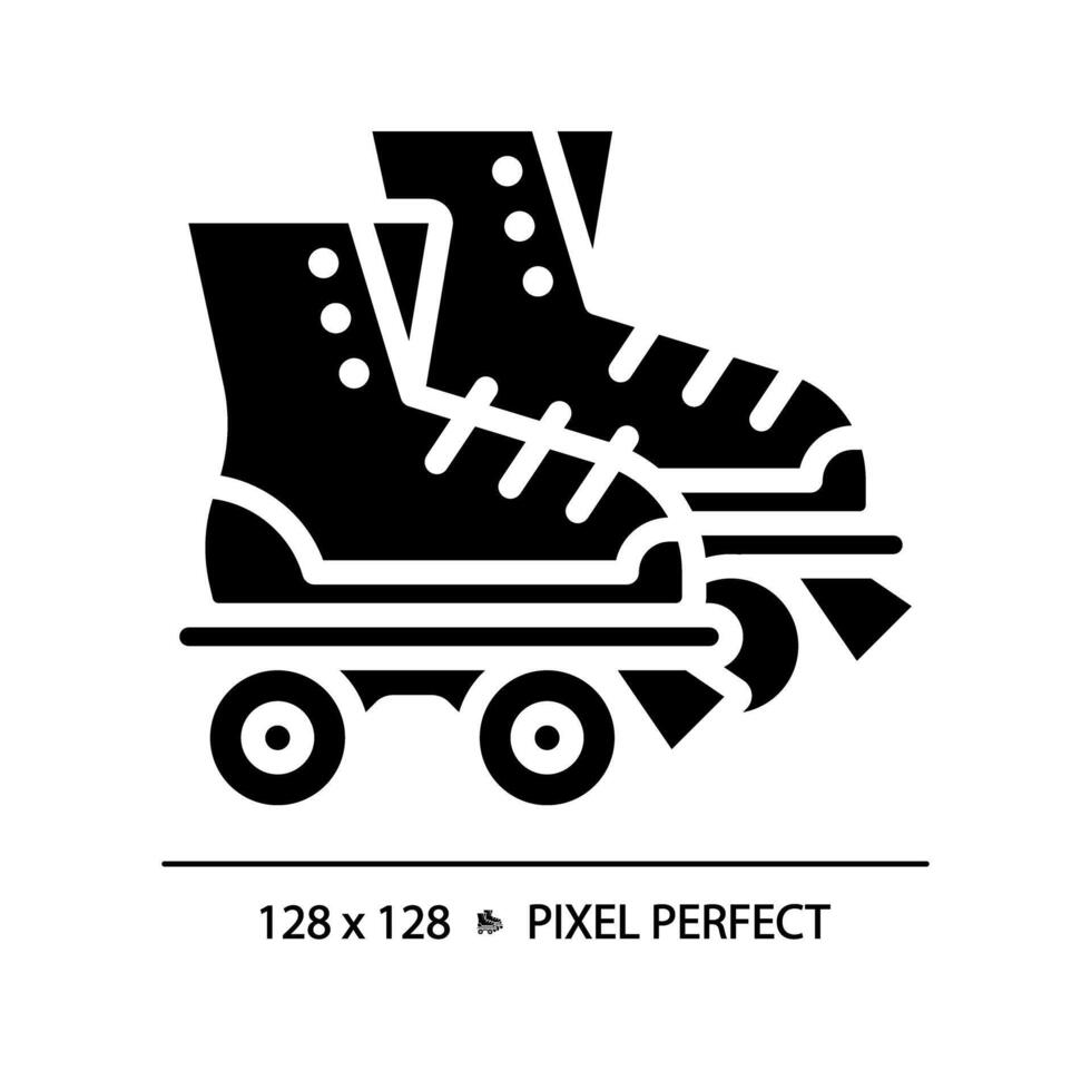 discoteca rolo patins pixel perfeito Preto glifo ícone. velho moda. patinação equipamento. funky festa, retro calçados. silhueta símbolo em branco espaço. sólido pictograma. isolado ilustração vetor