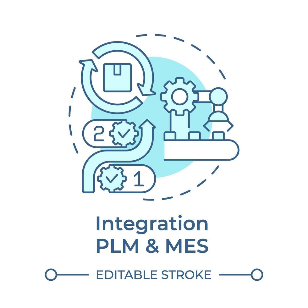 integração plm e mes suave azul conceito ícone. produtos ciclo da vida gerenciamento. industrial ao controle. volta forma linha ilustração. abstrato ideia. gráfico Projeto. fácil para usar dentro infográfico, artigo vetor