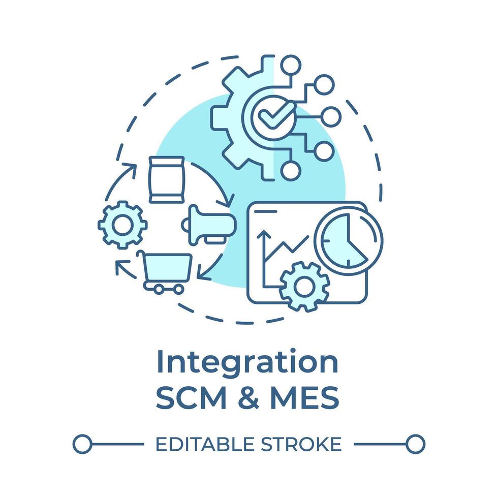 integração scm e mes suave azul conceito ícone. fabricação execução sistemas. fábrica automação. volta forma linha ilustração. abstrato ideia. gráfico Projeto. fácil para usar dentro infográfico, artigo vetor