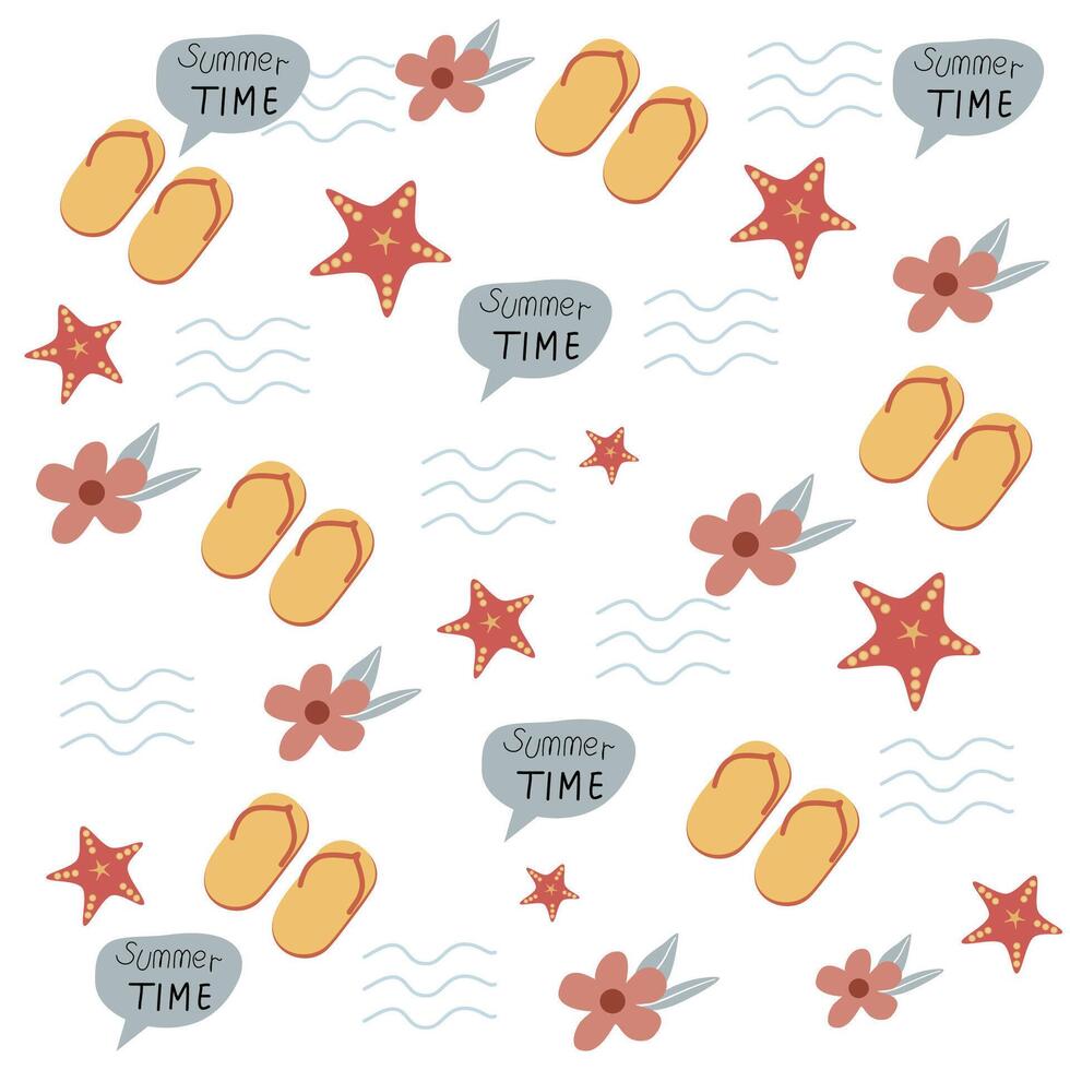 verão Tempo padronizar incluir giro estrondo, flores, Estrela peixe e ondas em branco fundo vetor