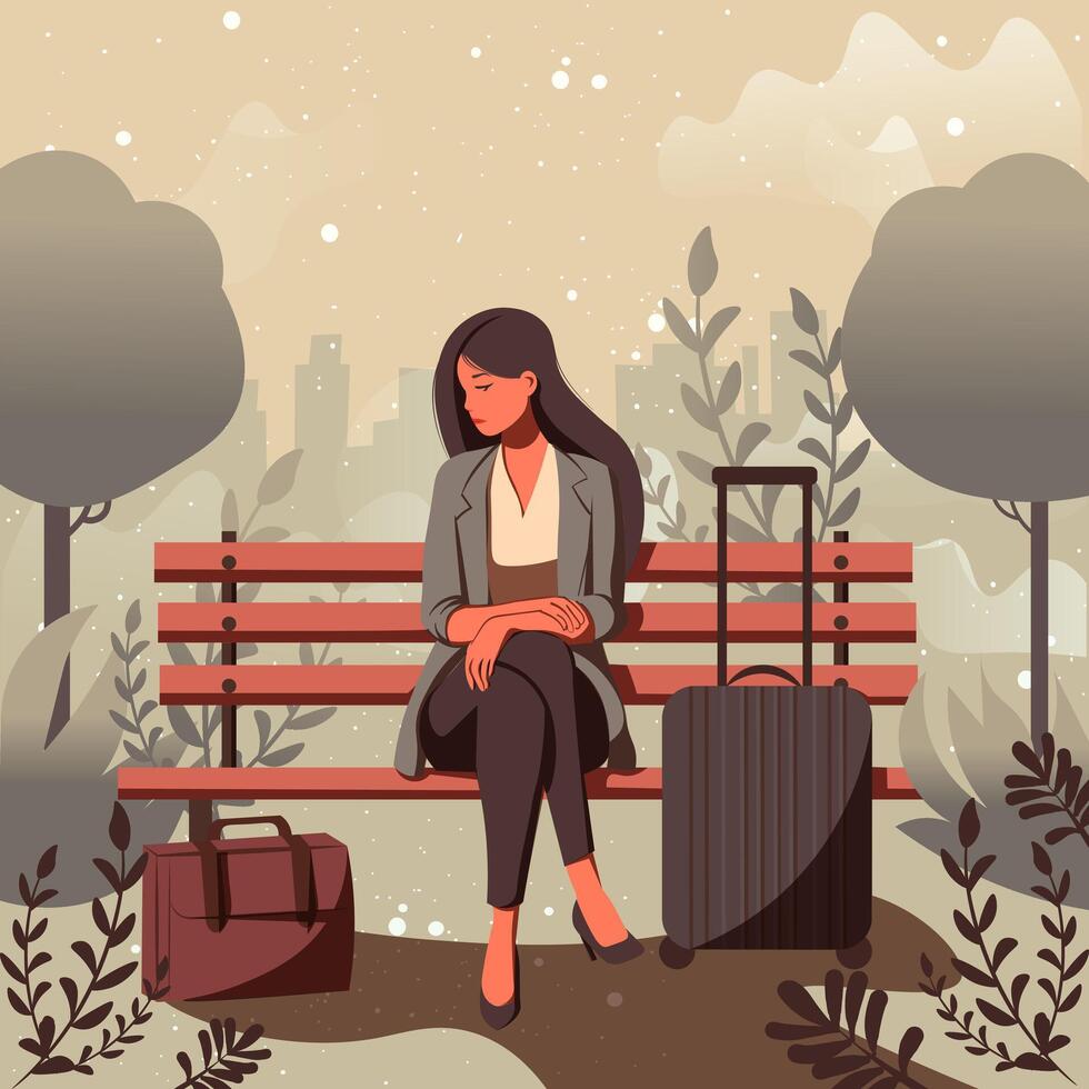 conceptual arte sobre emocional saúde. uma triste mulher sentado em uma Banco com uma pasta perto dela. vetor