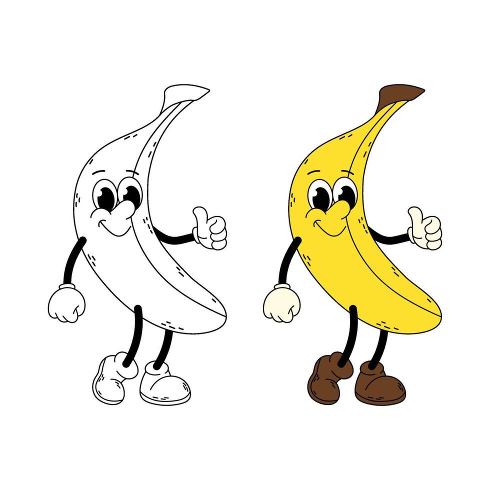 groovy prancha de surfe personagem. banana, tropical fruta. engraçado desenho animado retro personagem amarelo banana dentro plano e rabisco estilo. vetor