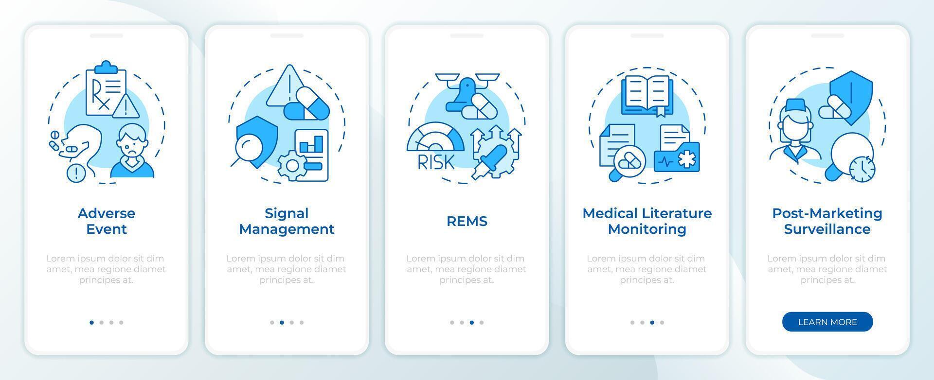 farmacovigilância azul onboarding Móvel aplicativo tela. passo a passo 5 passos editável gráfico instruções com linear conceitos. interface do usuário, ux, gui modelo vetor