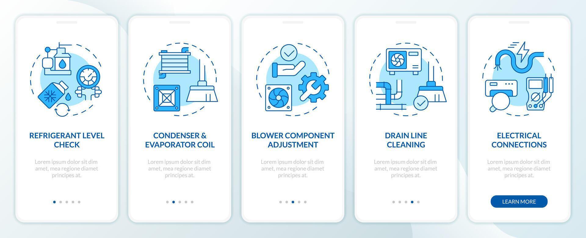 ar condicionamento inspeção azul onboarding Móvel aplicativo tela. passo a passo 5 passos editável gráfico instruções com linear conceitos. interface do usuário, ux, gui modelo vetor