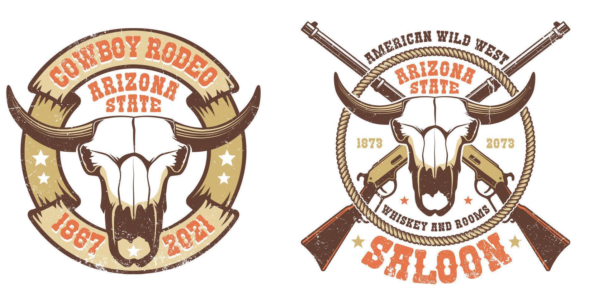 ocidental retro logotipo - búfalo crânio com cruzado rifles vetor
