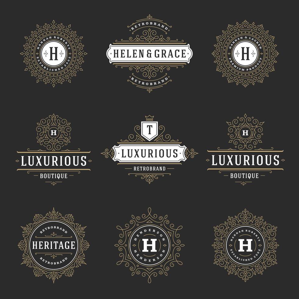 vintage logotipos modelos definir, floresce caligráfico elegante enfeites quadros e fronteiras. vetor