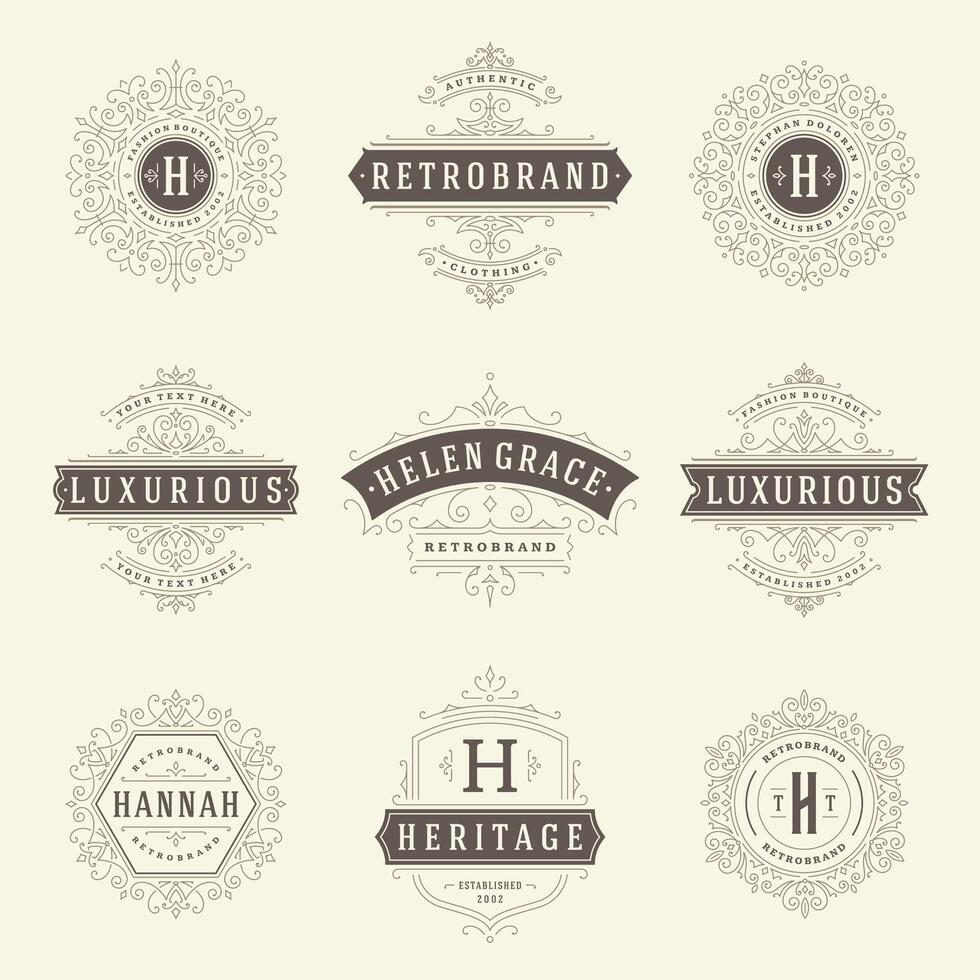 vintage logotipos modelos definir, floresce caligráfico elegante enfeites quadros e fronteiras. vetor