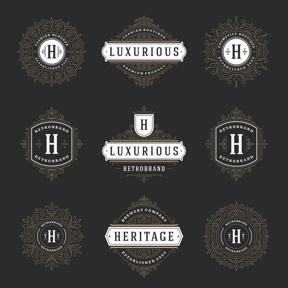 vintage logotipos modelos definir, floresce caligráfico elegante enfeites quadros e fronteiras. vetor