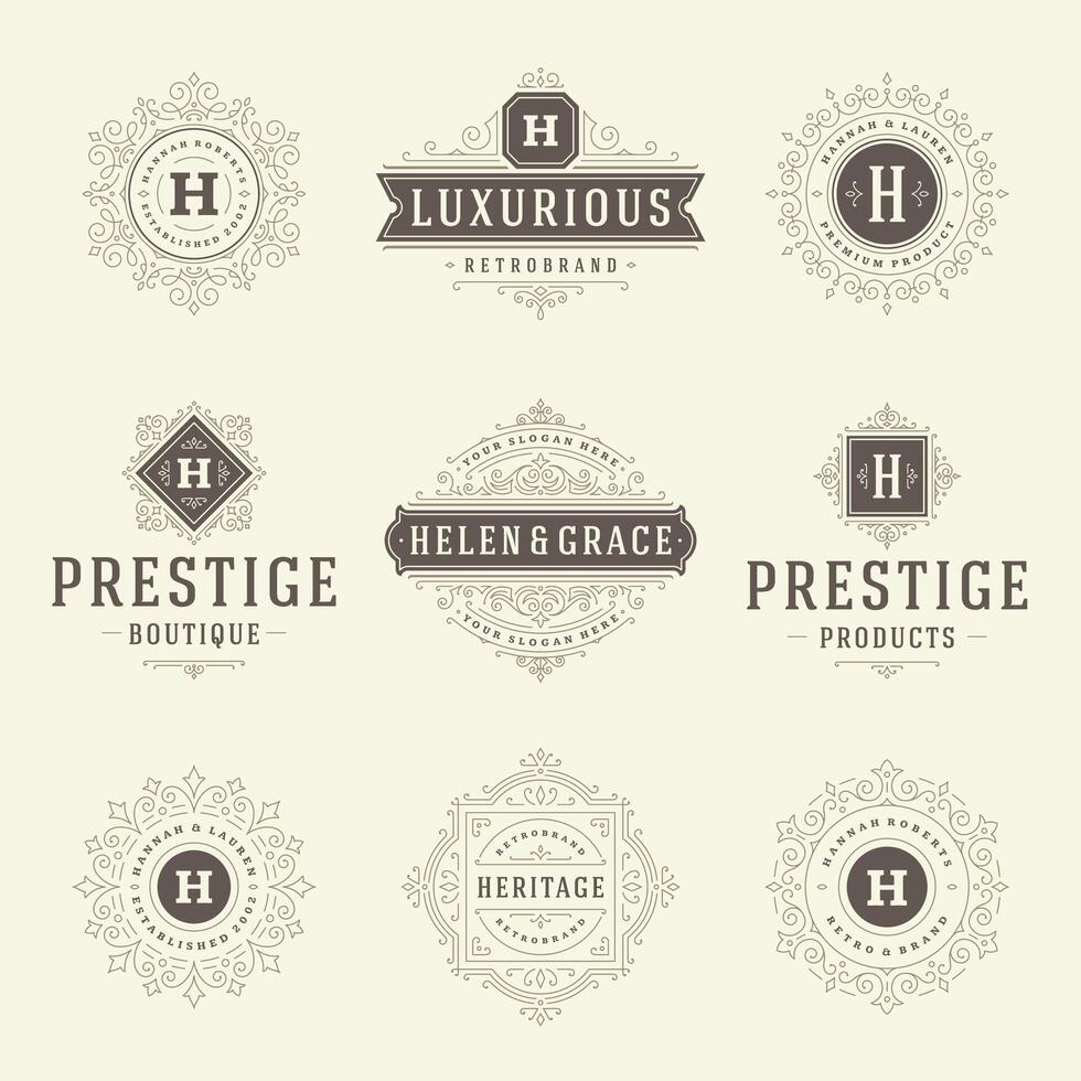 vintage logotipos modelos definir, floresce caligráfico elegante enfeites quadros e fronteiras. vetor