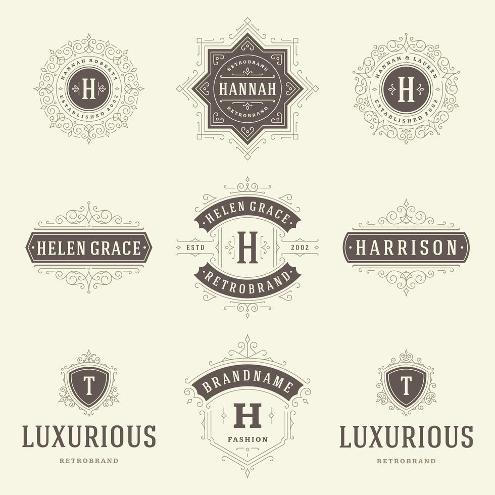 vintage logotipos modelos definir, floresce caligráfico elegante enfeites quadros e fronteiras. vetor